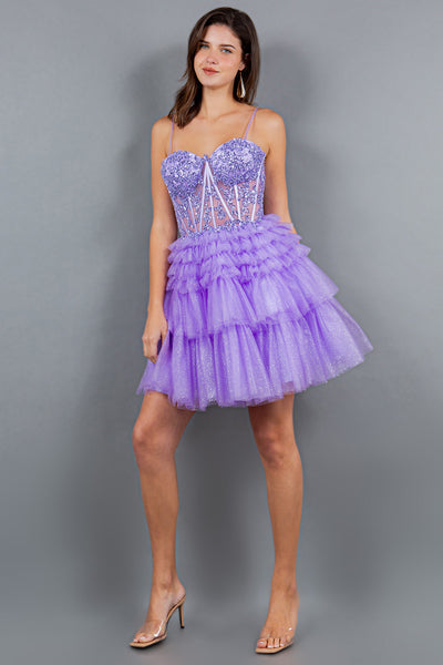 Applique Short Corset Tiered Dress by Cinderella Couture 5133J