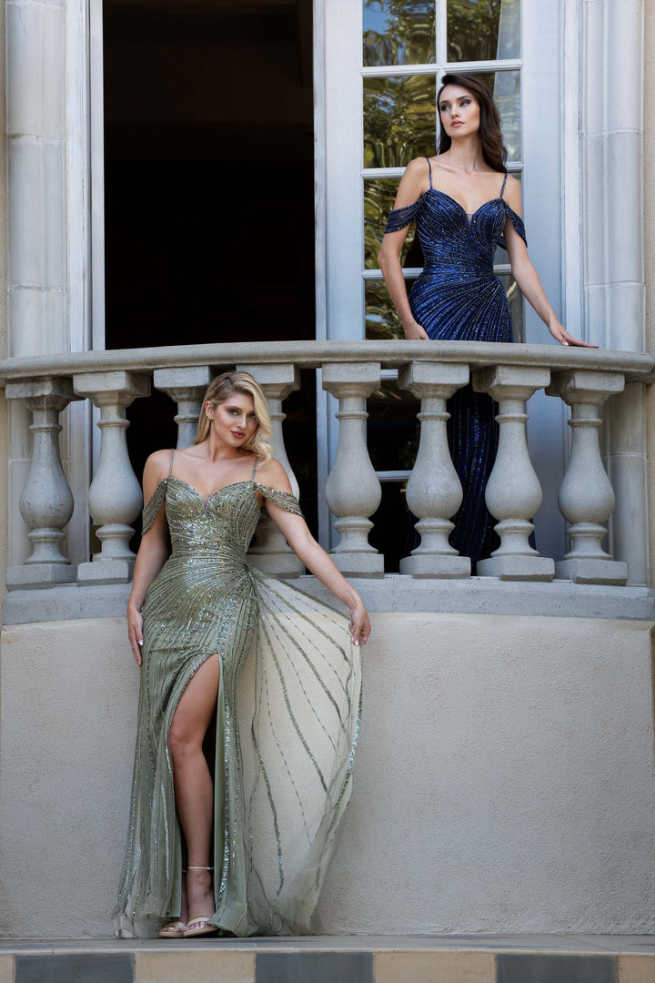 Beaded Cold Shoulder Slit Gown by Lenovia 8513