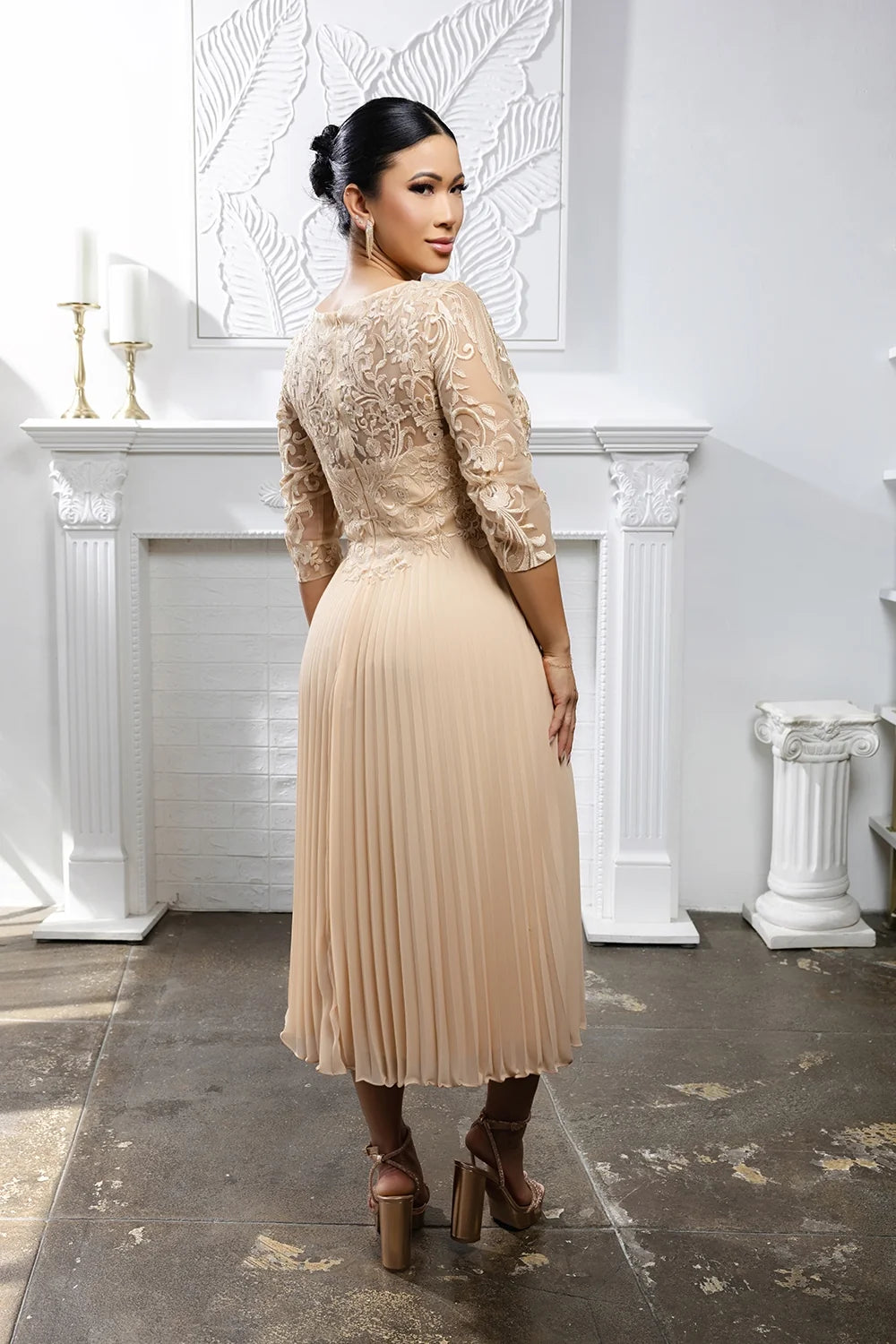 Pleated 3/4 Sleeve Tea Length Dress by May Queen MQ2189
