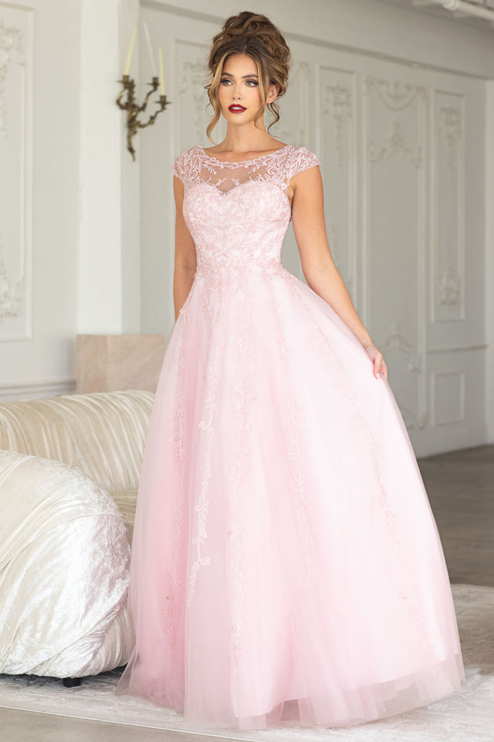 Embroidered Cap Sleeve A-line Gown by Lenovia 8349