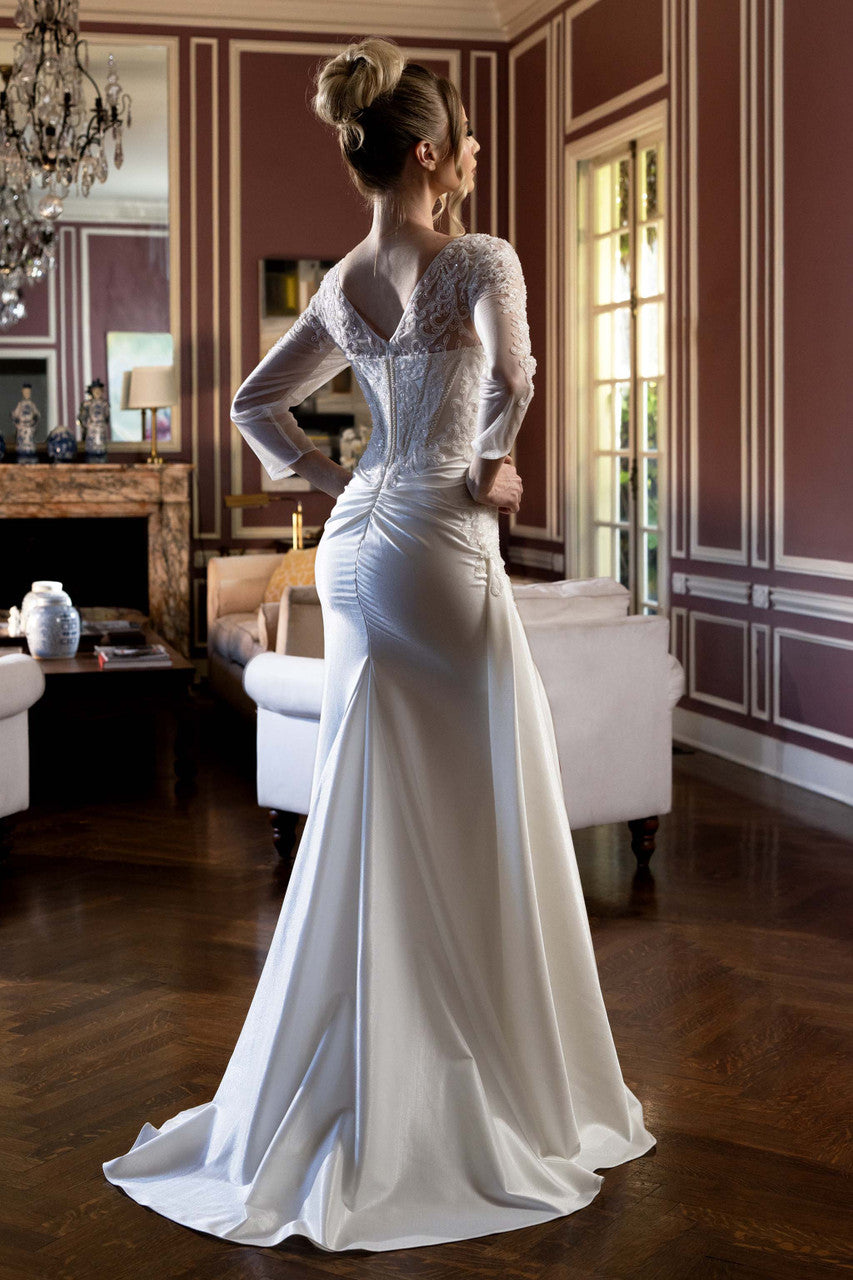 Beaded Satin 3/4 Sleeve Slit Gown by Lenovia 8431