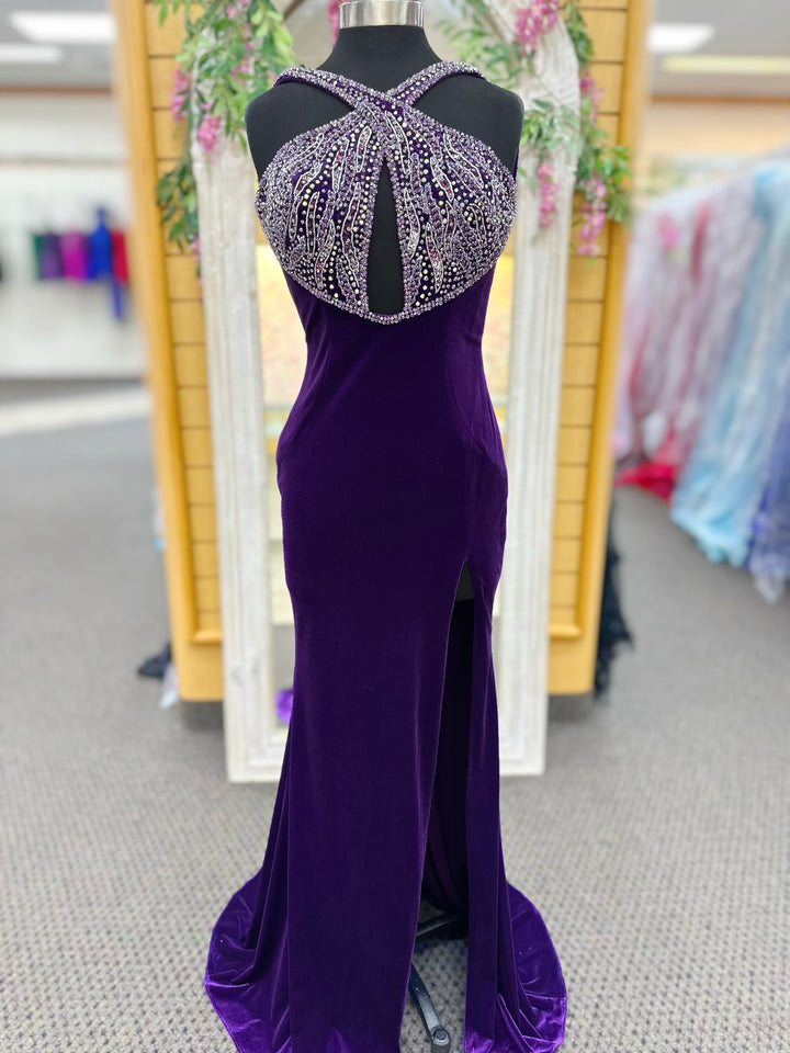 Velvet Fitted Halter Slit Gown by Jovani 38951