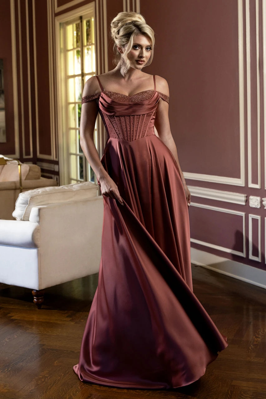 Satin Cold Shoulder A-line Slit Gown by Lenovia 8502