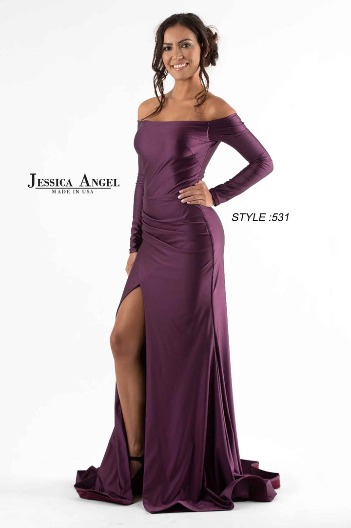 Jersey Fitted Long Sleeve Slit Gown by Jessica Angel 531