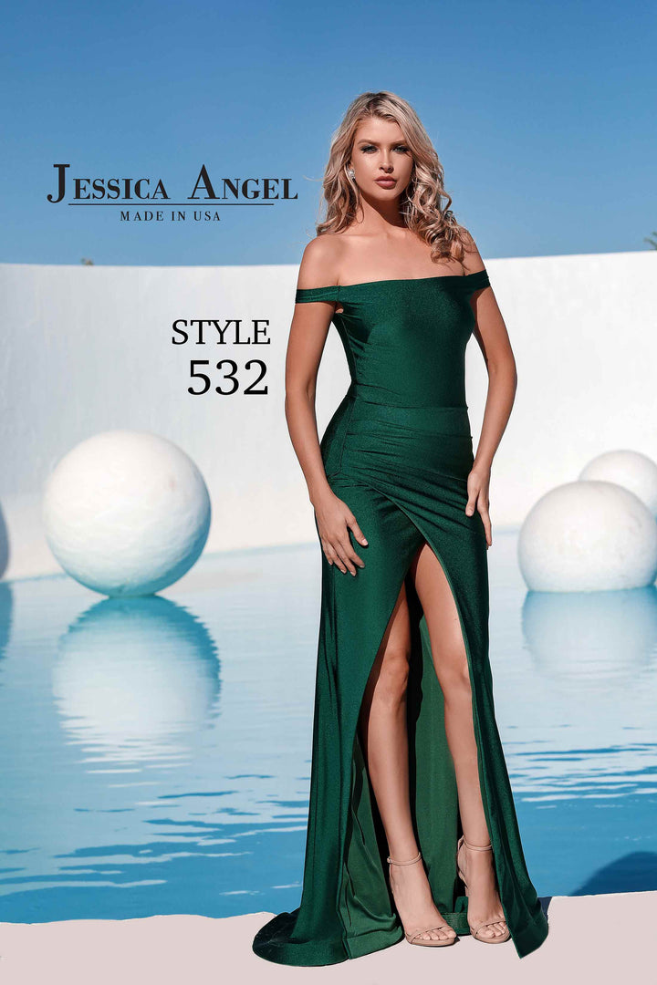 Jersey Fitted Off Shoulder Slit Gown by Jessica Angel 532
