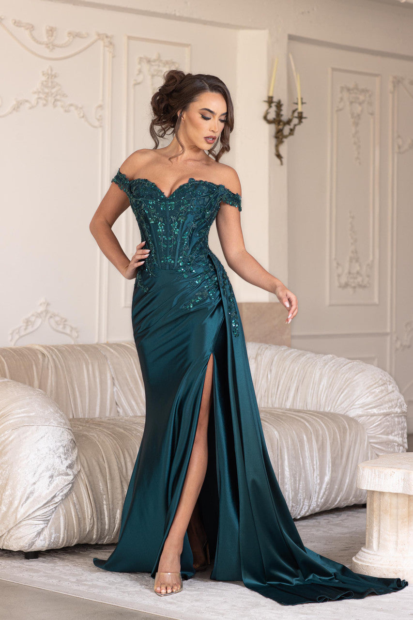 Applique Off Shoulder Slit Gown by Lenovia 8397