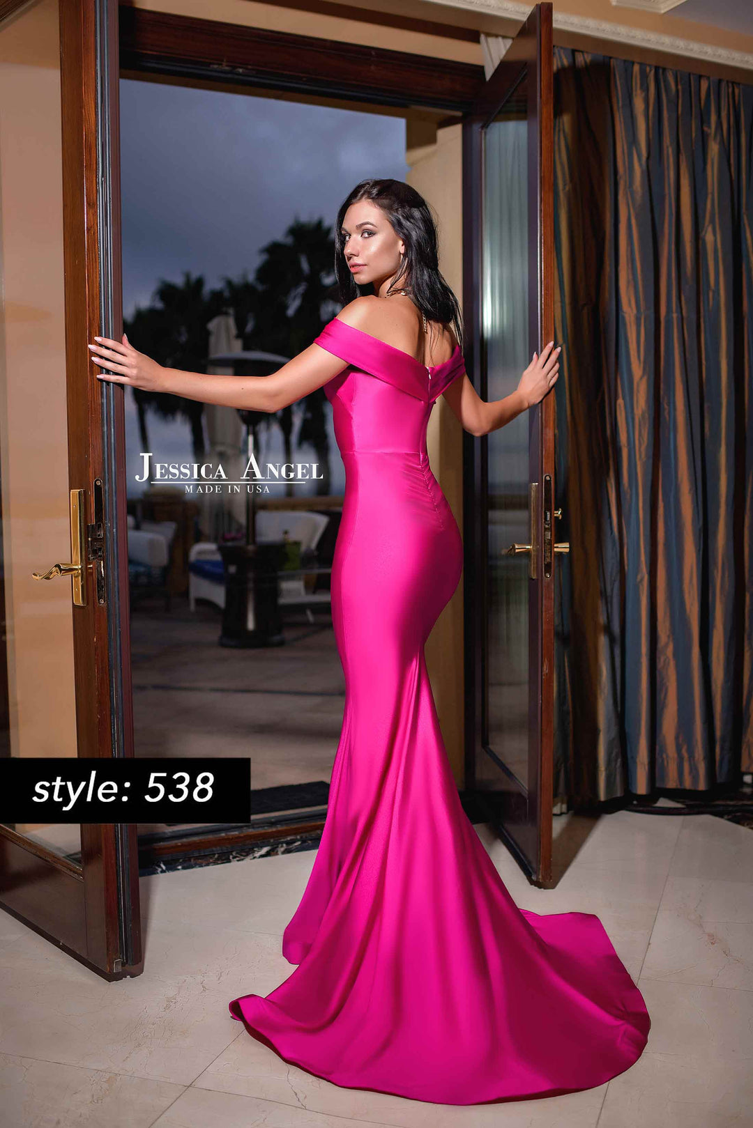 Jersey Fitted Off Shoulder Gown by Jessica Angel 538
