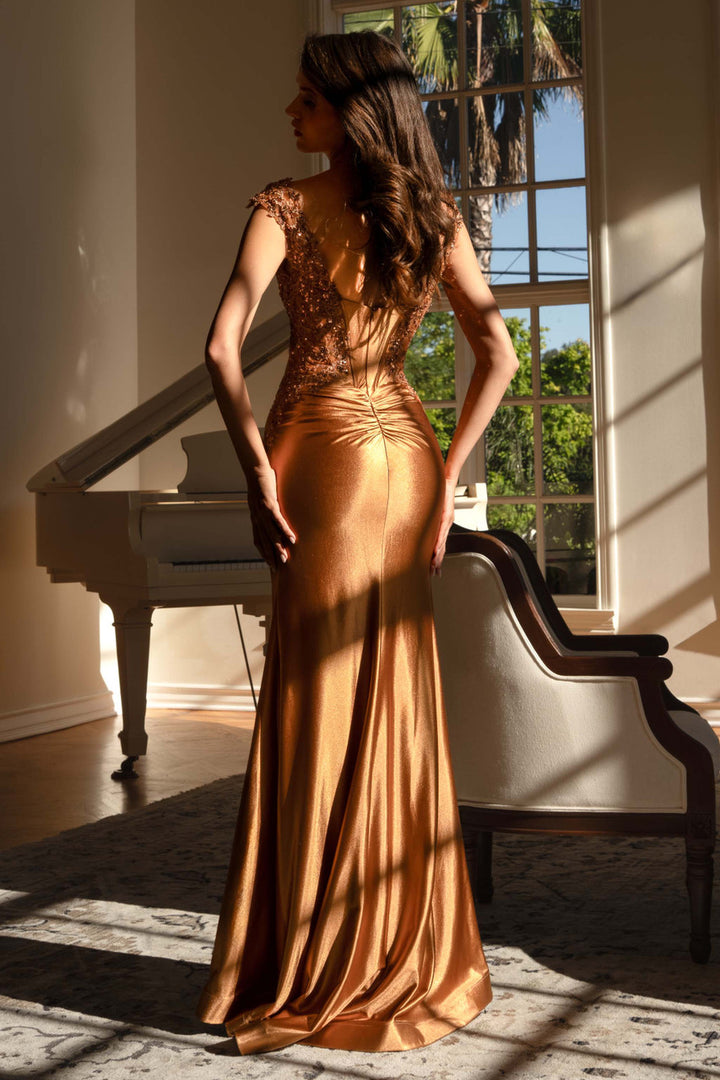 Applique Satin Short Sleeve Slit Gown by Lenovia 8480