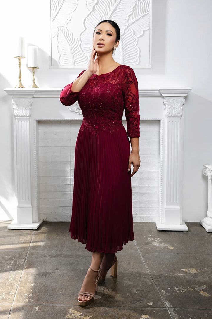 Pleated 3/4 Sleeve Tea Length Dress by May Queen MQ2189