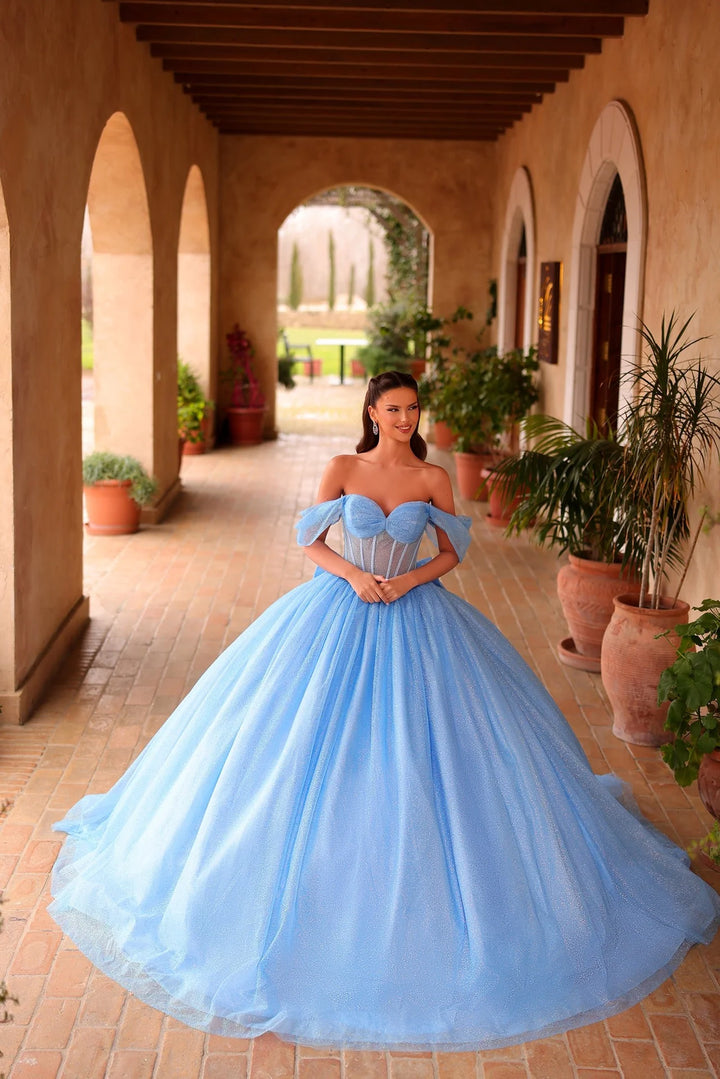 Off Shoulder Bow Ball Gown by Amarra 54107