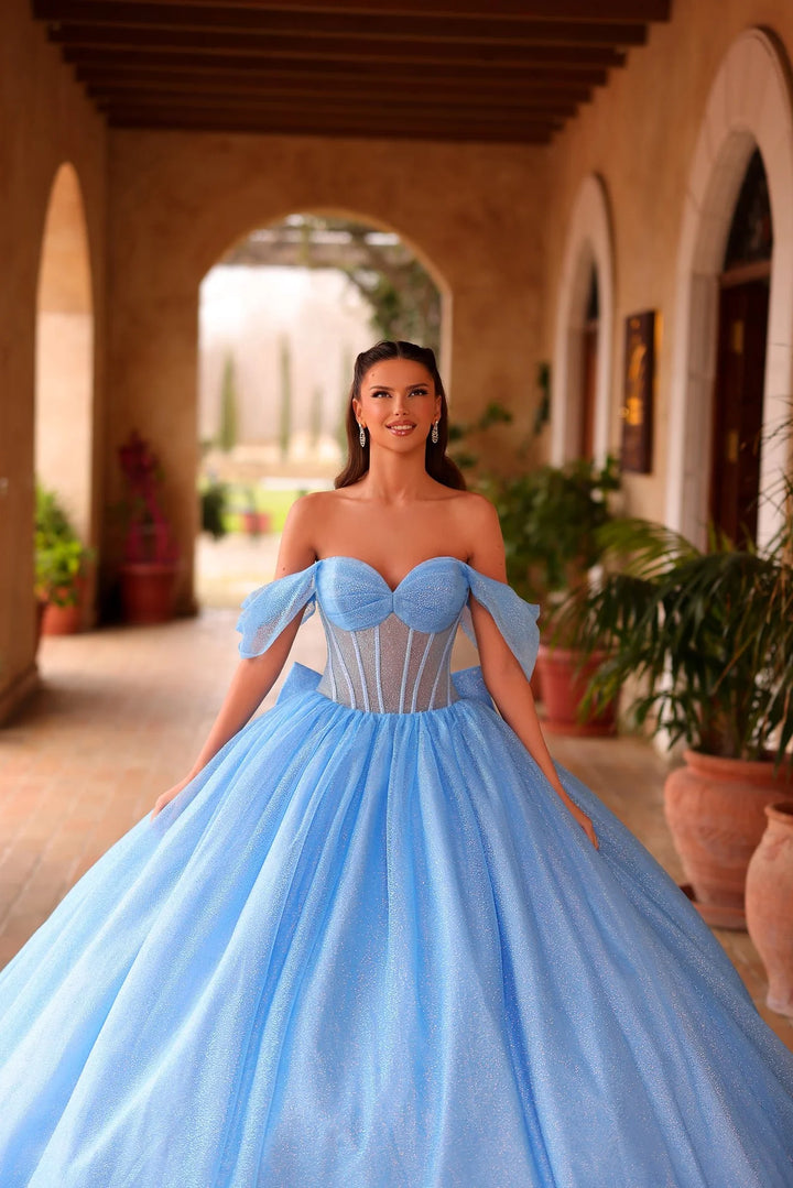 Off Shoulder Bow Ball Gown by Amarra 54107
