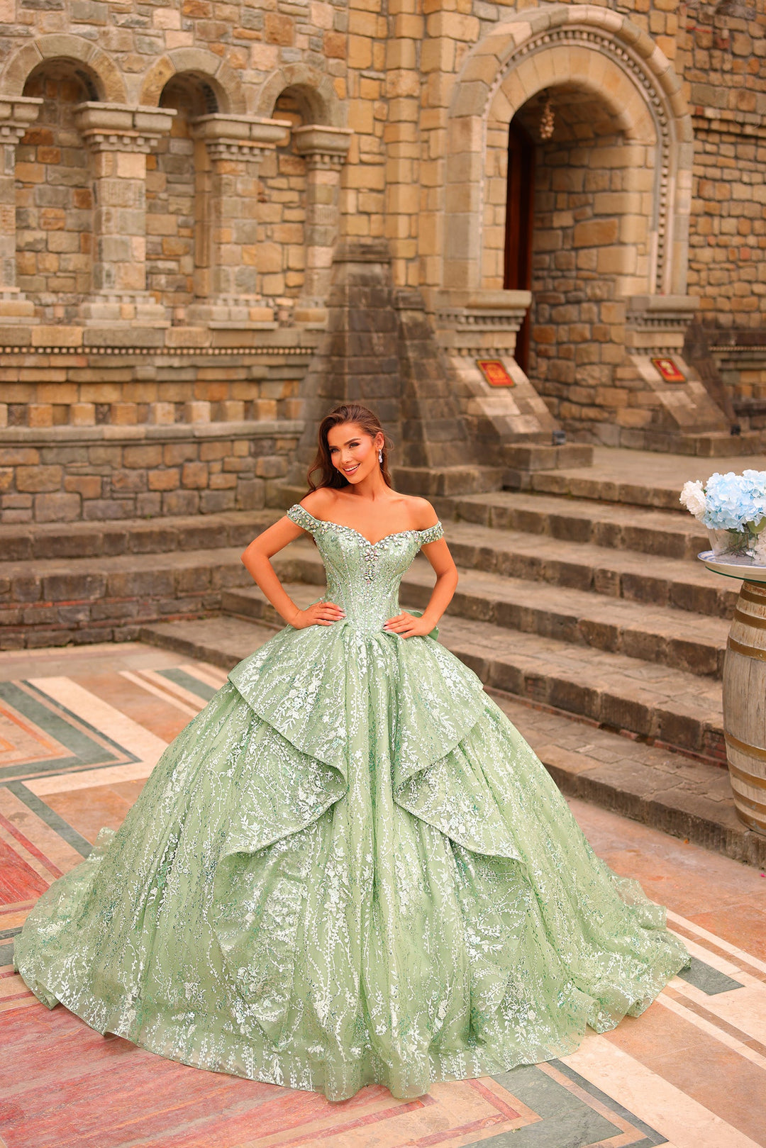 Glitter Print Off Shoulder Ball Gown by Amarra 54240
