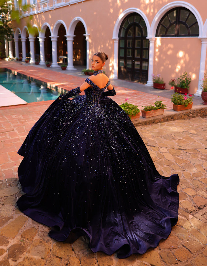 Beaded Velvet Off Shoulder Quinceanera Dress by Amarra 54257