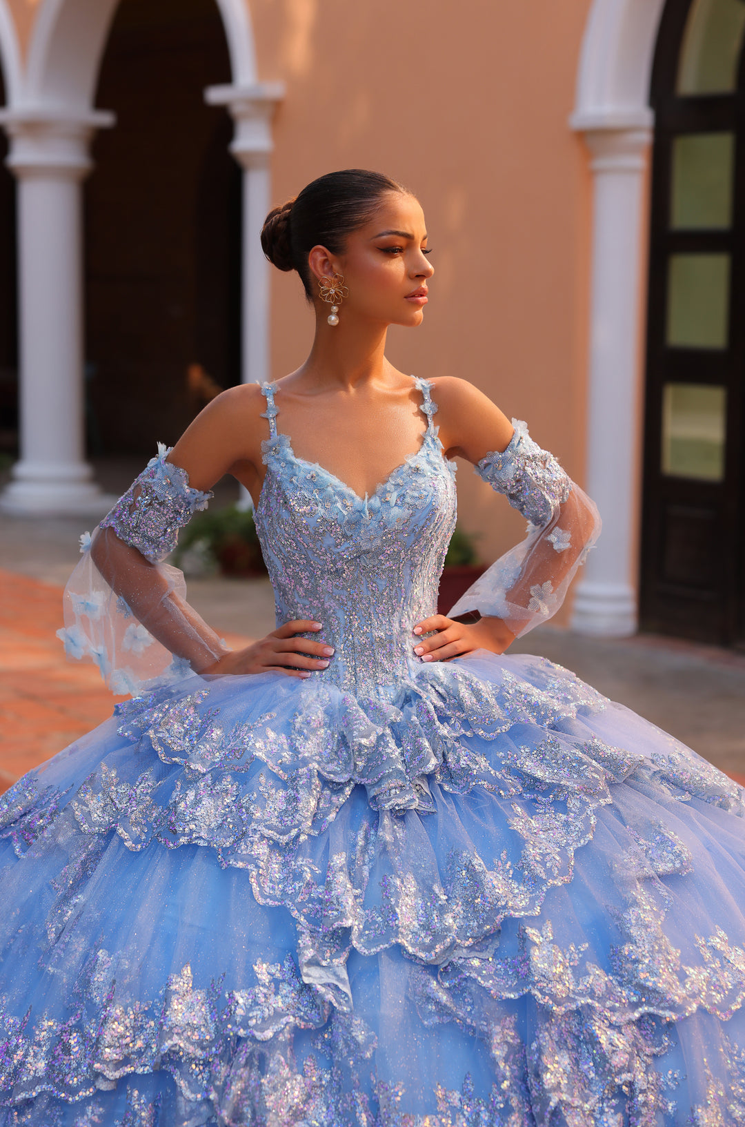 Tiered Sleeveless Bell Sleeve Quinceanera Dress by Amarra 54300