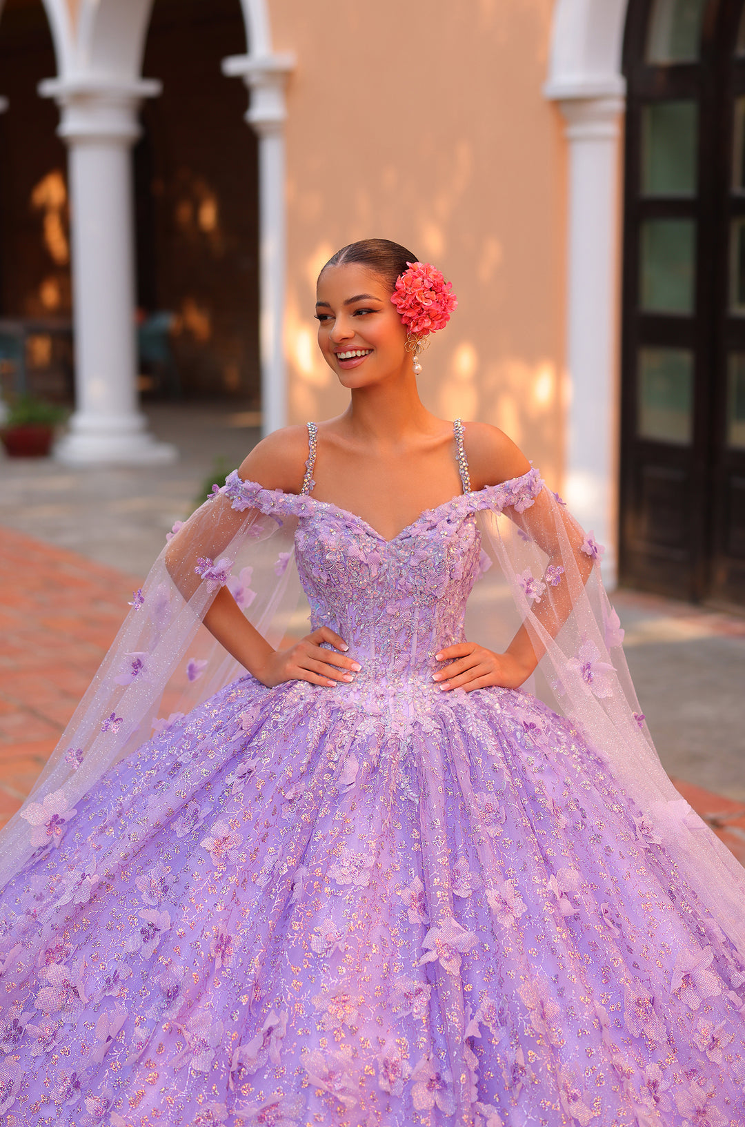 Cold Shoulder Cape Sleeve Quinceanera Dress by Amarra 54308