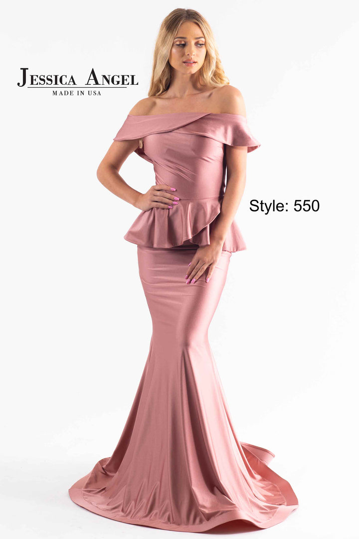 Jersey Fitted Off Shoulder Gown by Jessica Angel 550