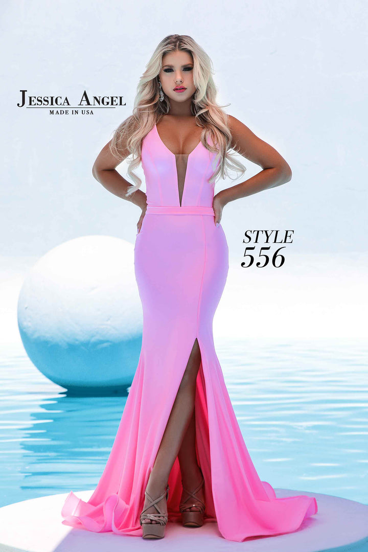 Jersey Fitted V-Neck Slit Gown by Jessica Angel 556