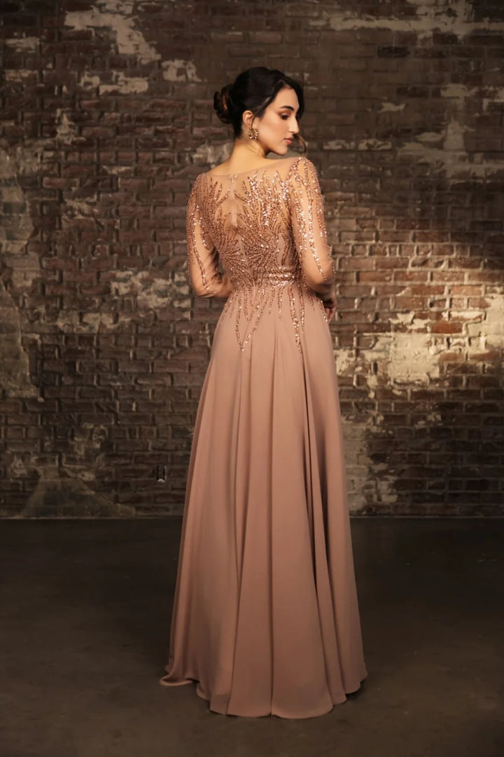 Sequin Long Sleeve A-line Gown by May Queen MQ2161