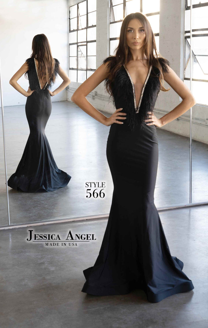 Feather Fitted V-Neck Gown by Jessica Angel 566