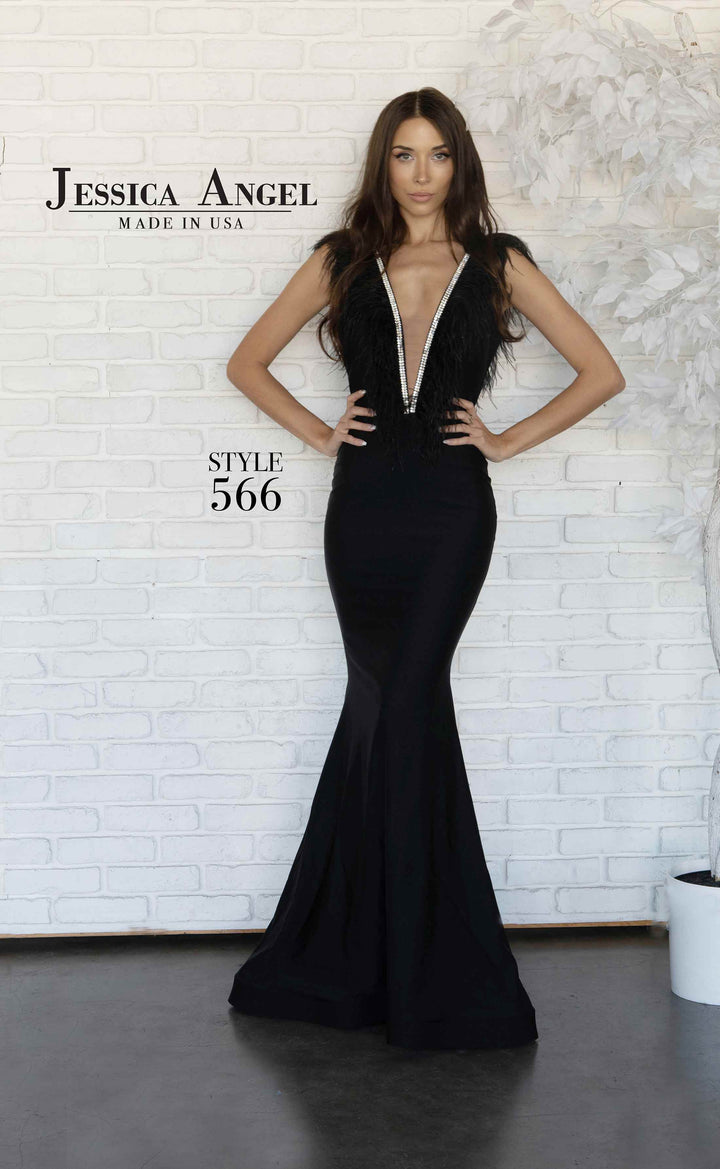 Feather Fitted V-Neck Gown by Jessica Angel 566