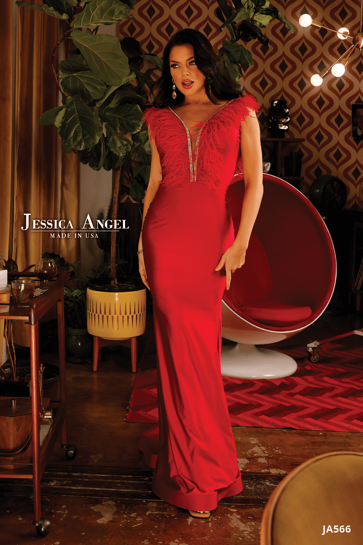 Feather Fitted V-Neck Gown by Jessica Angel 566