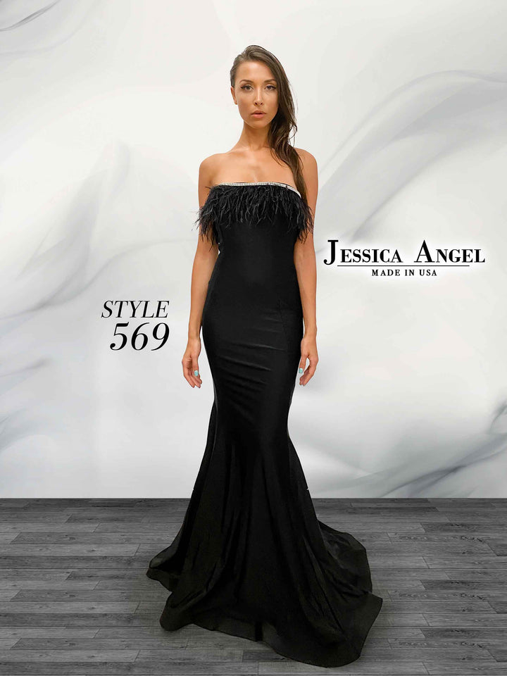 Feather Fitted Strapless Gown by Jessica Angel 569