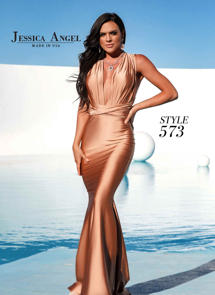 Jersey Fitted V-Neck Gown by Jessica Angel 573