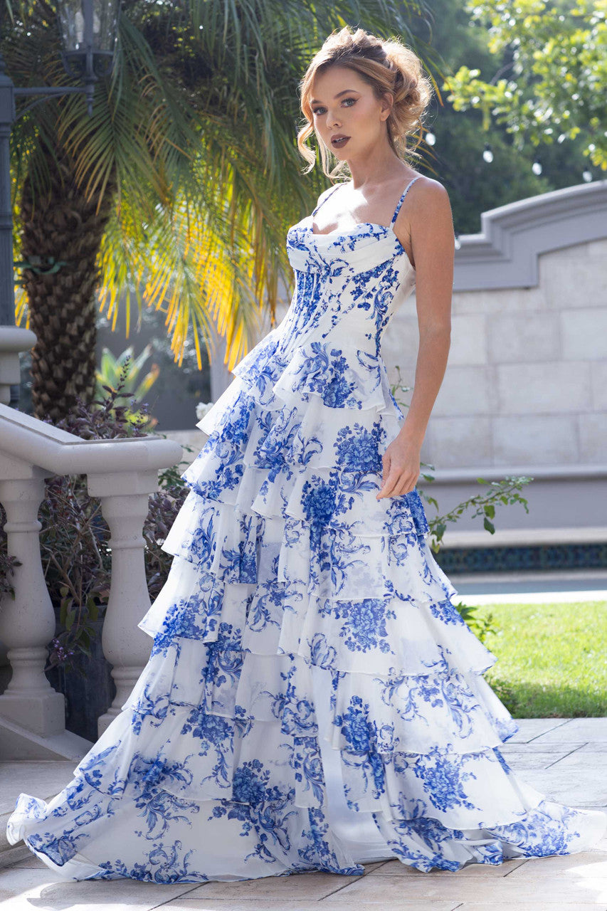 Print Sleeveless A-line Tiered Gown by Lenovia 8499 XL / Blue
