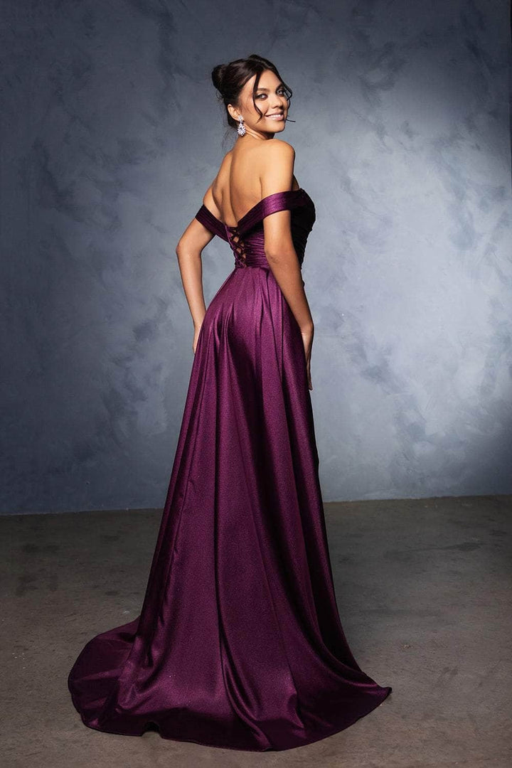 Taffeta Off Shoulder Slit Gown by May Queen MQ2056
