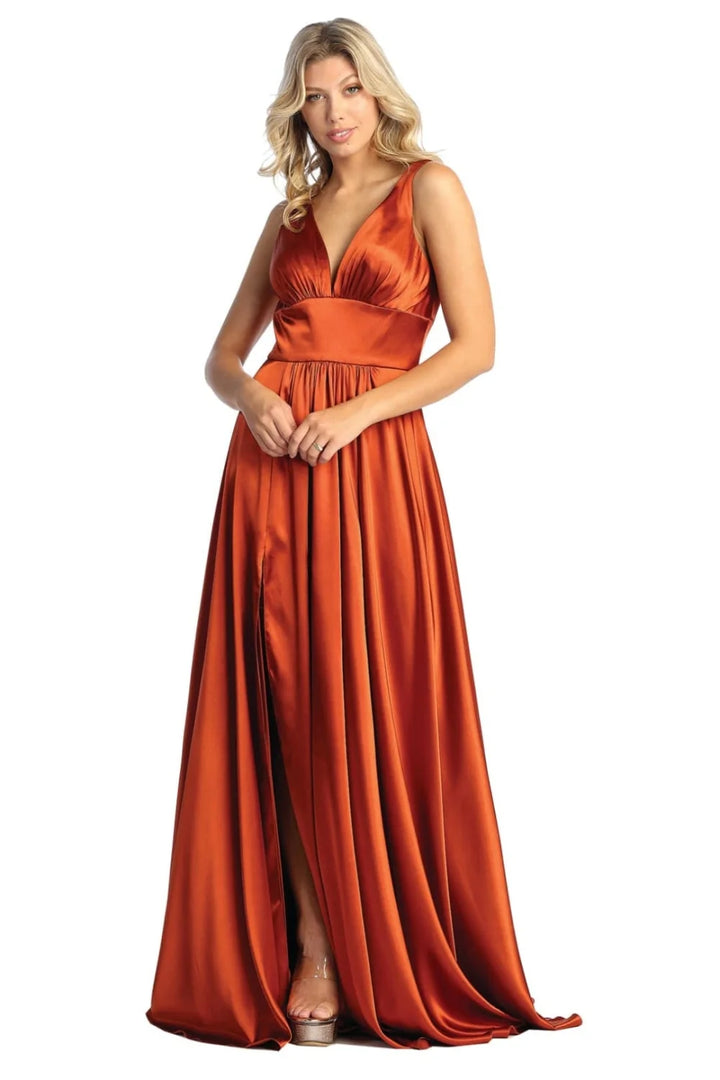 Satin Sleeveless A-line Slit Gown by May Queen MQ1723