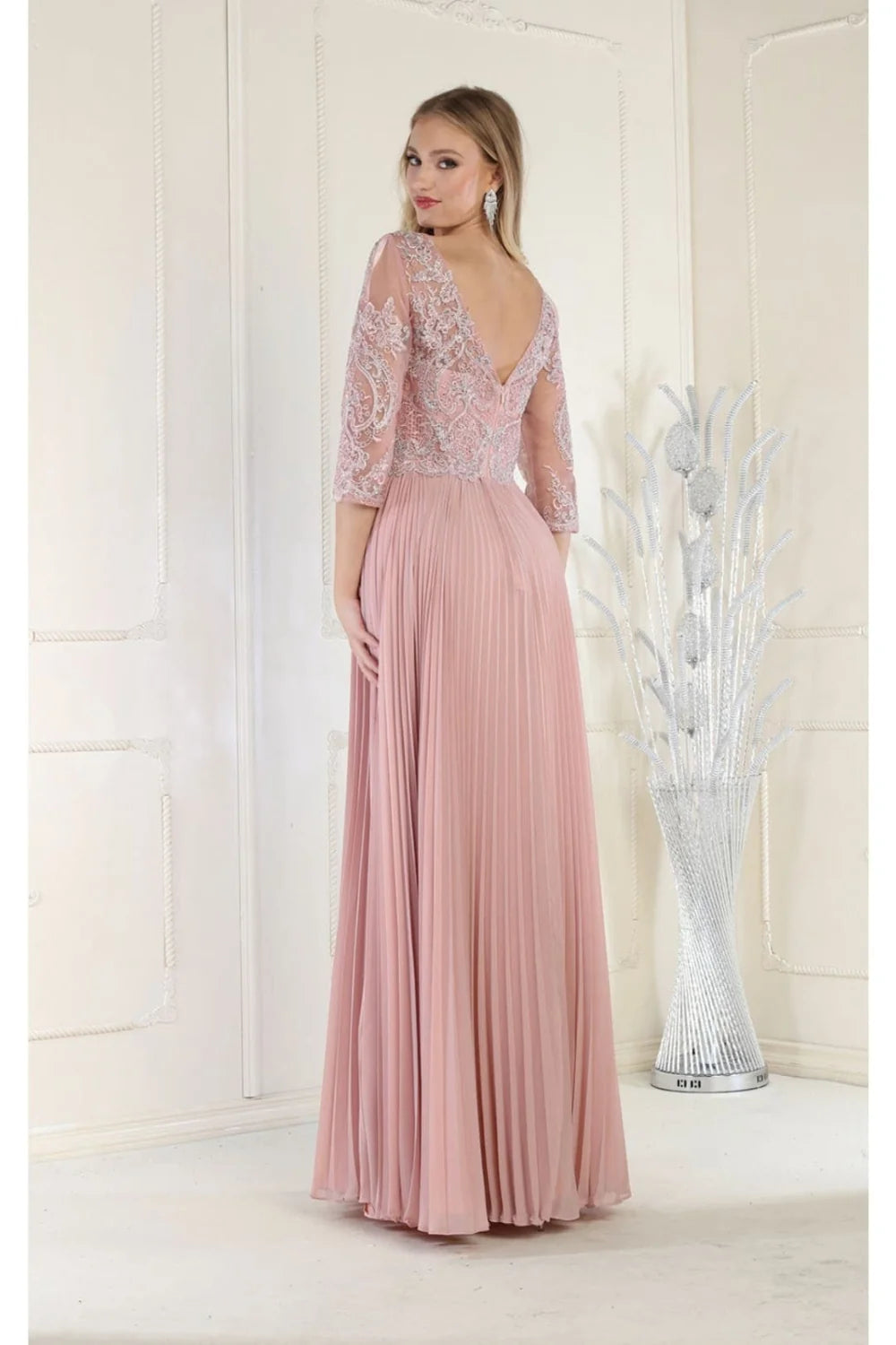 Applique Mid-Sleeve A-line Gown by May Queen MQ1980