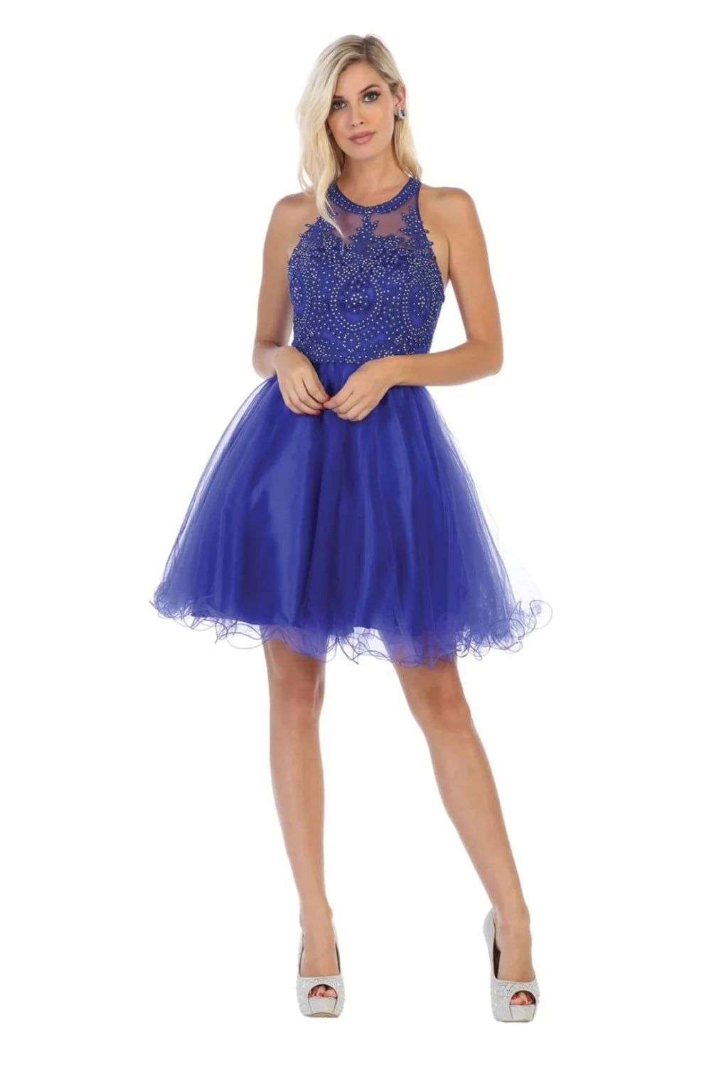 Applique Short Halter Ruffled Dress by May Queen MQ1643