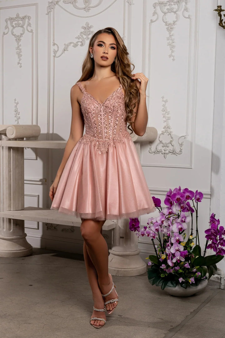 Beaded Short V-Neck A-line Dress by May Queen MQ2231