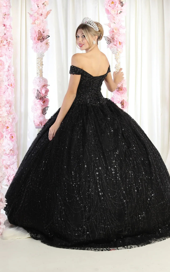 Glitter Off Shoulder Ball Gown by May Queen LK153