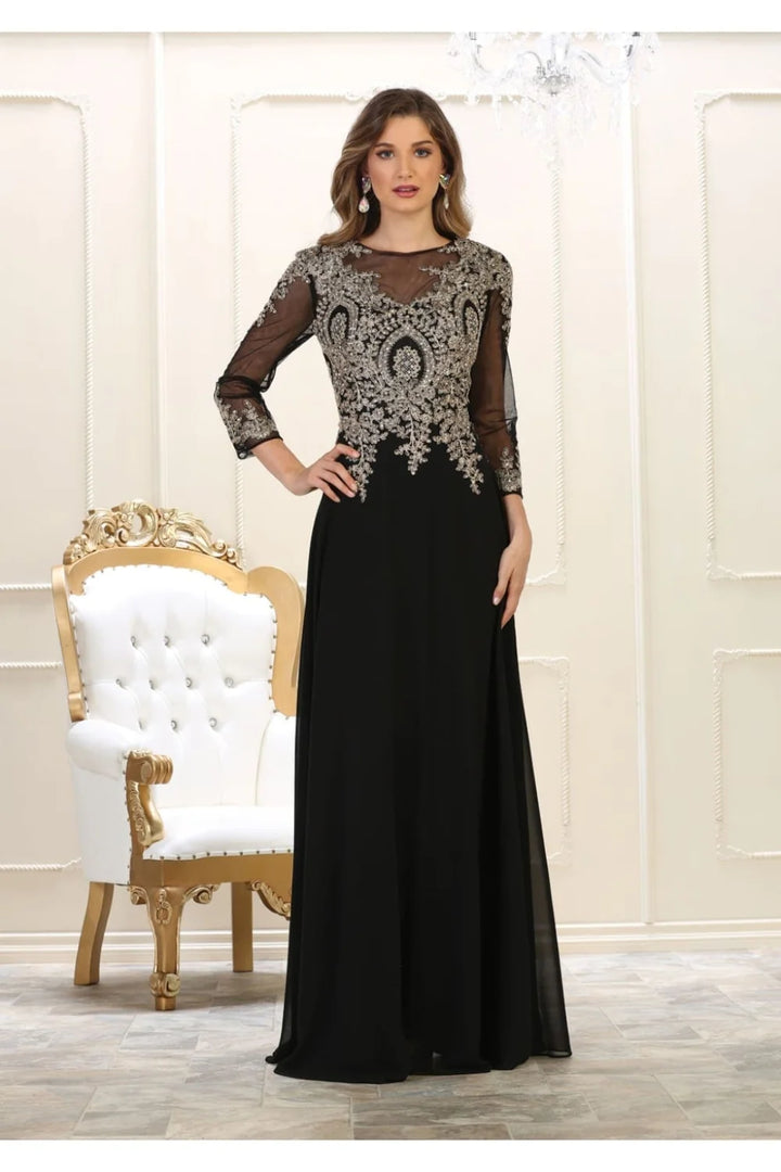 Applique Long Sleeve A-line Gown by May Queen MQ1549