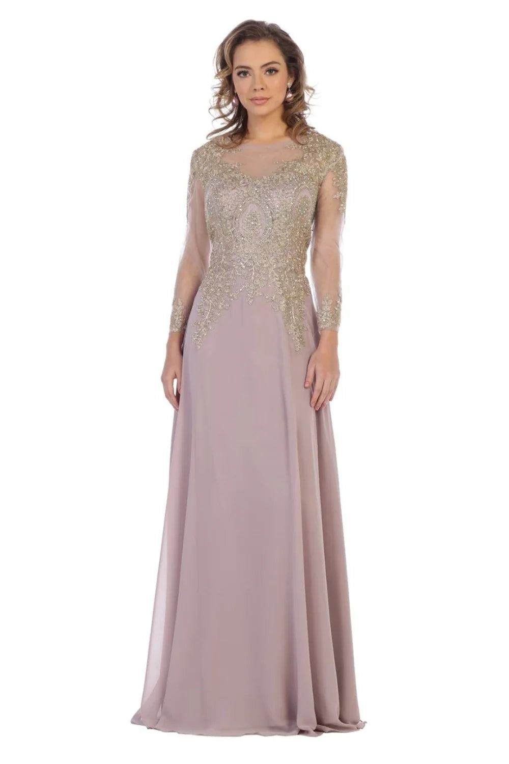 Applique Long Sleeve A-line Gown by May Queen MQ1549