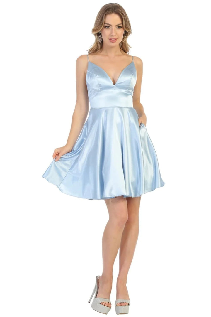 Satin Short V-Neck A-line Dress by May Queen MQ1770