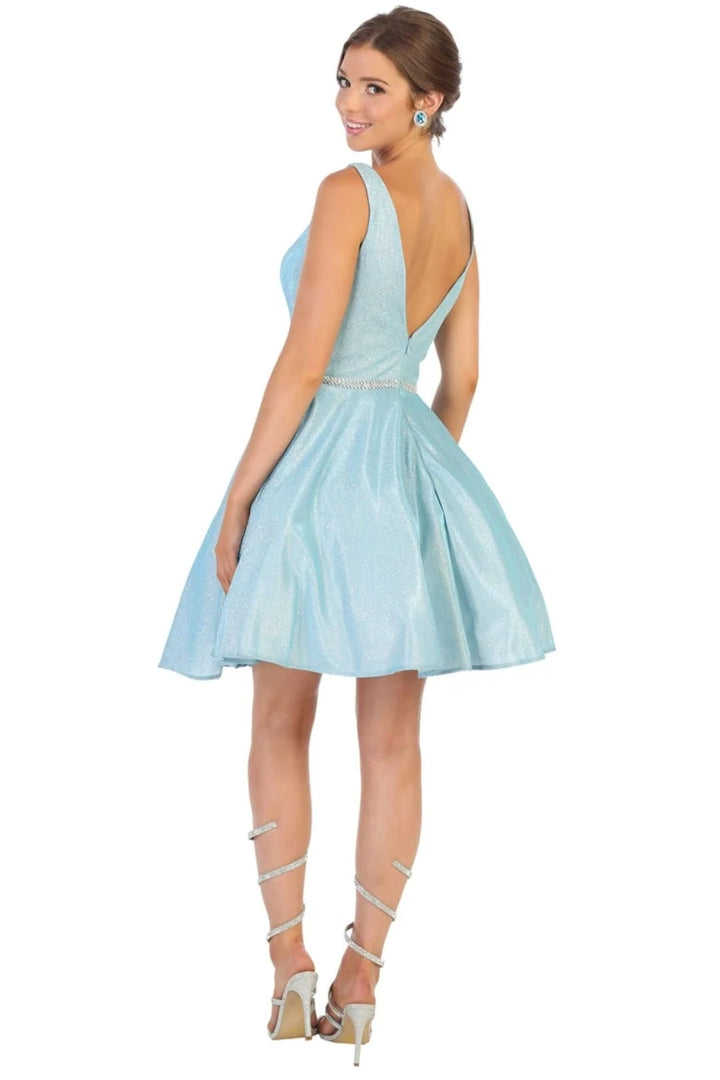 Glitter Short V-Neck A-line Dress by May Queen MQ1777