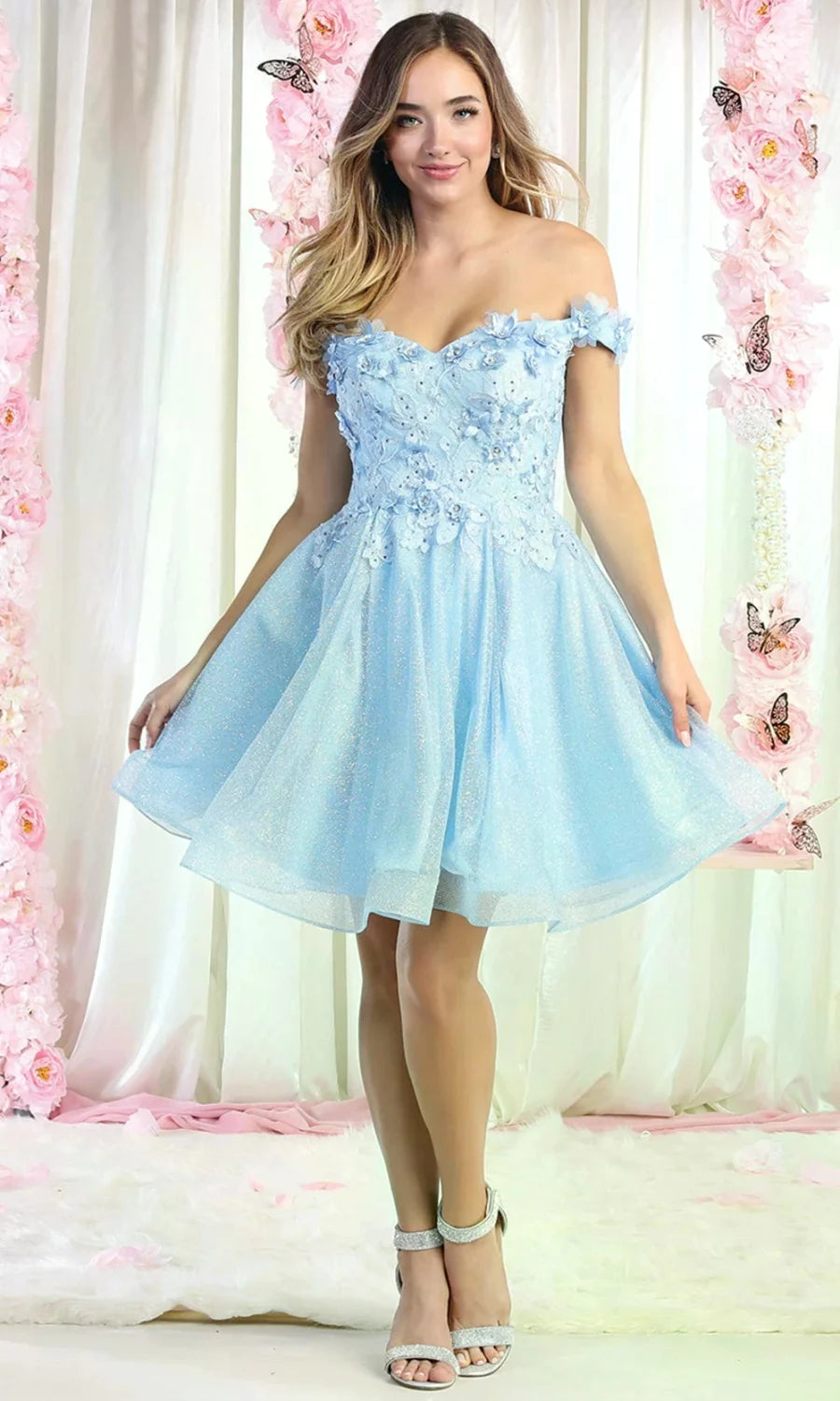 3D Floral Short Off Shoulder Dress by May Queen MQ1854