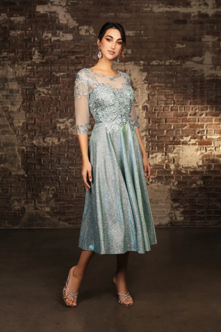 Mid-Sleeve Tea Length Dress by May Queen MQ2057
