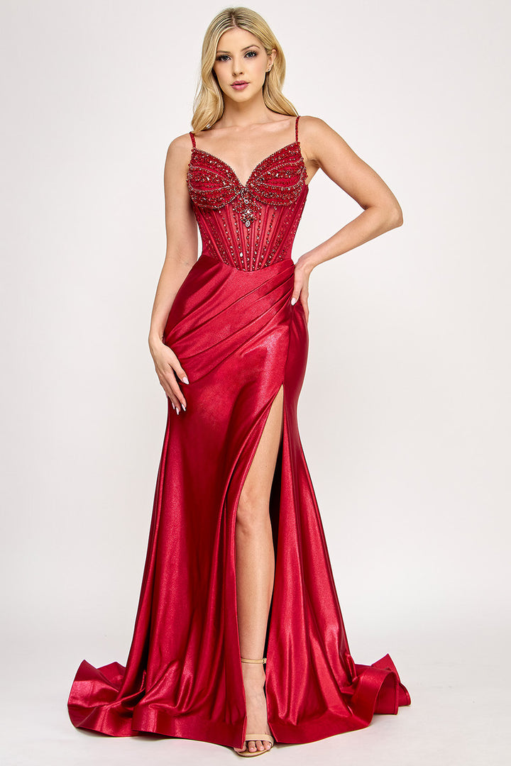 Beaded Sateen Sleeveless Slit Gown by Lenovia 8404