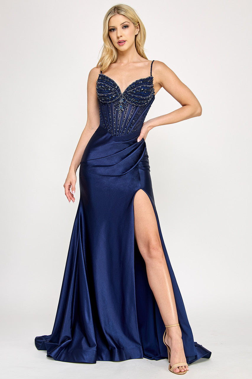 Beaded Sateen Sleeveless Slit Gown by Lenovia 8404