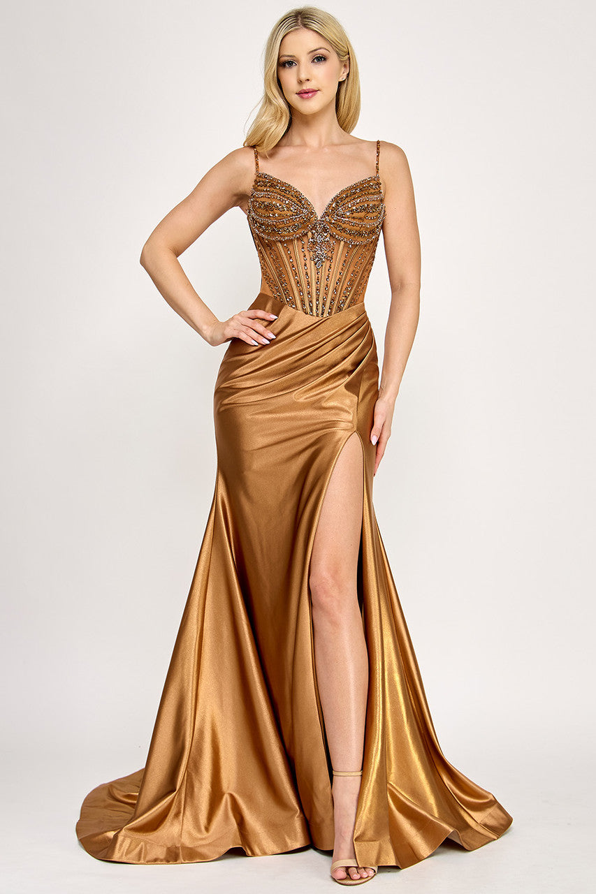 Beaded Sateen Sleeveless Slit Gown by Lenovia 8404