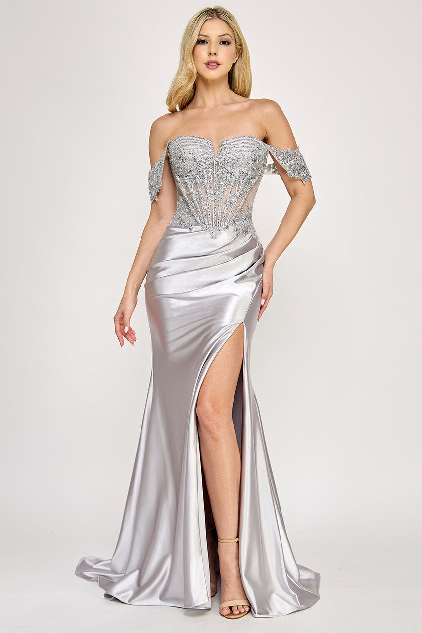 Beaded Sateen Off Shoulder Slit Gown by Lenovia 8398