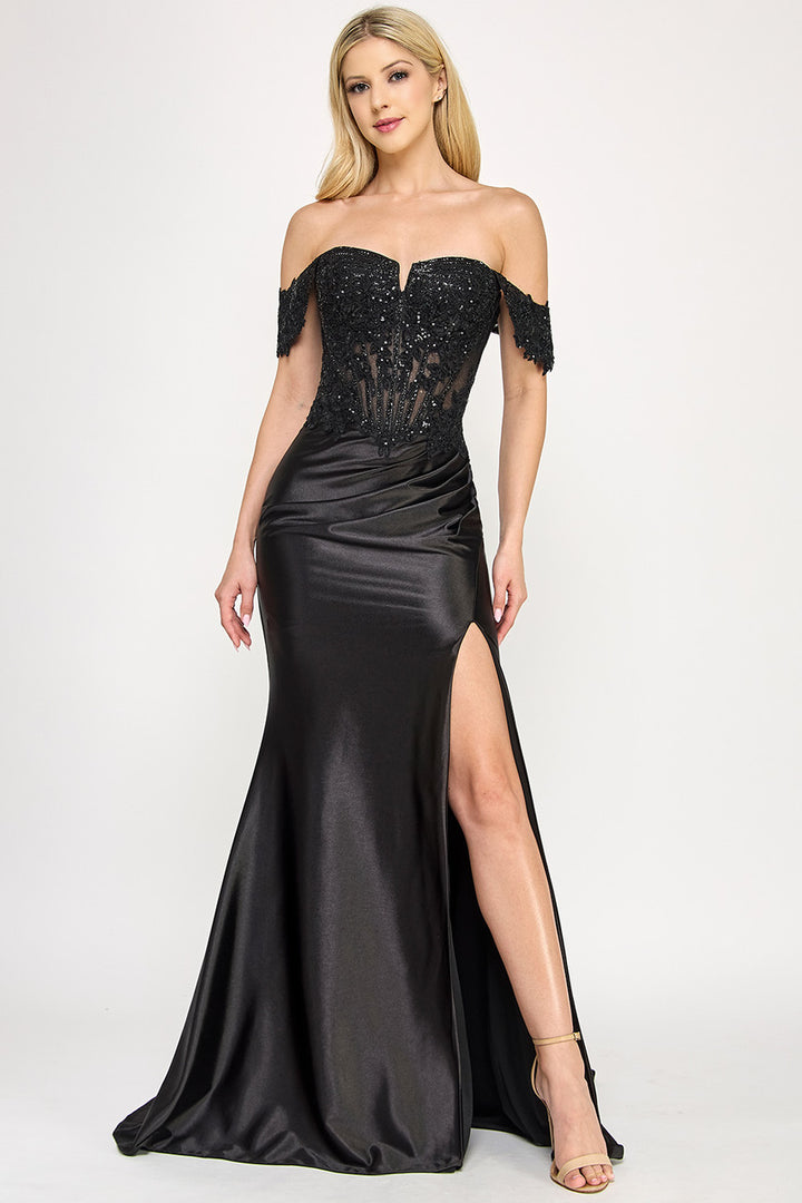 Beaded Sateen Off Shoulder Slit Gown by Lenovia 8398
