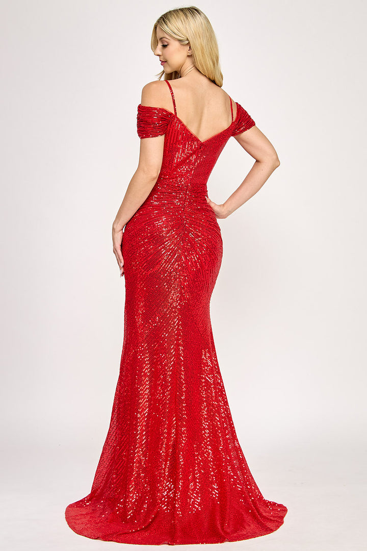 Sequin Fitted Cold Shoulder Slit Gown by Lenovia 8365