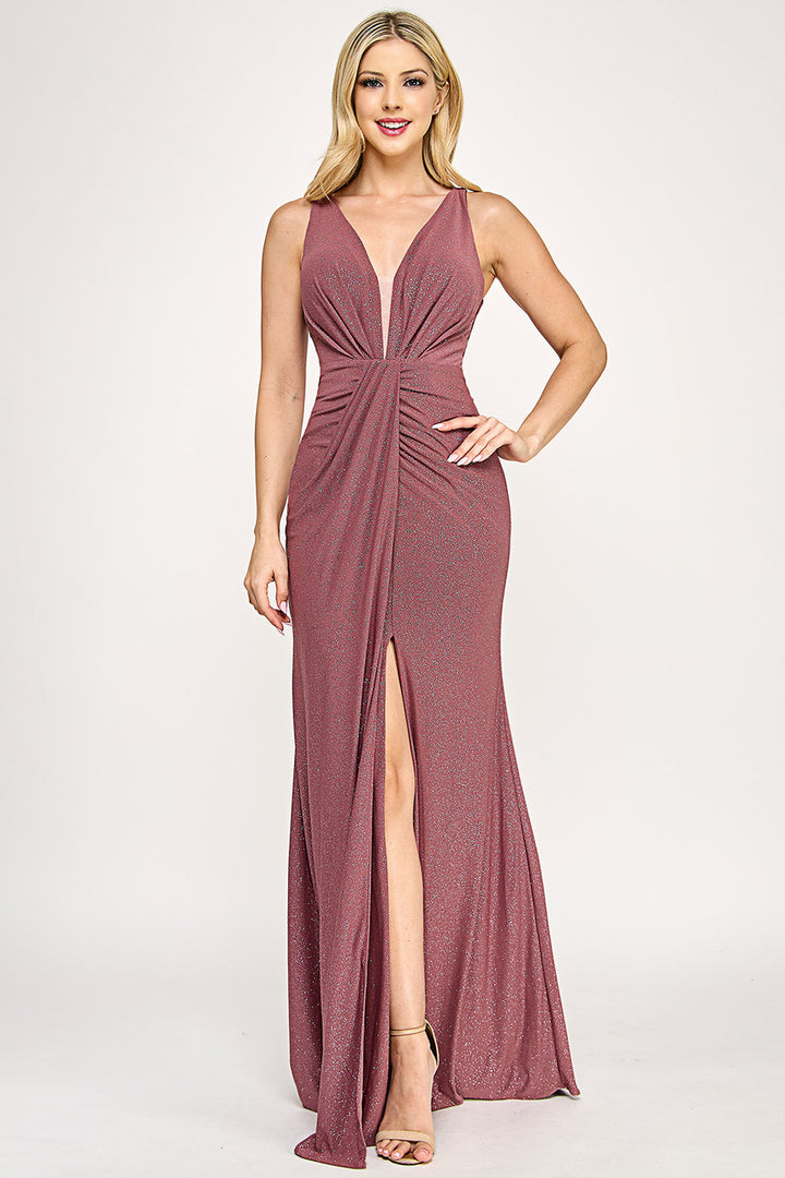Glitter Fitted V-Neck Slit Gown by Lenovia 5308