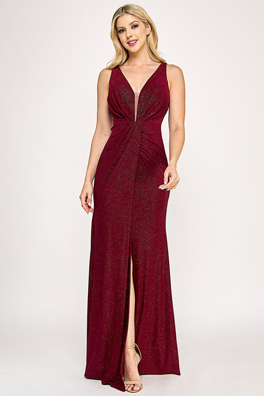 Glitter Fitted V-Neck Slit Gown by Lenovia 5308