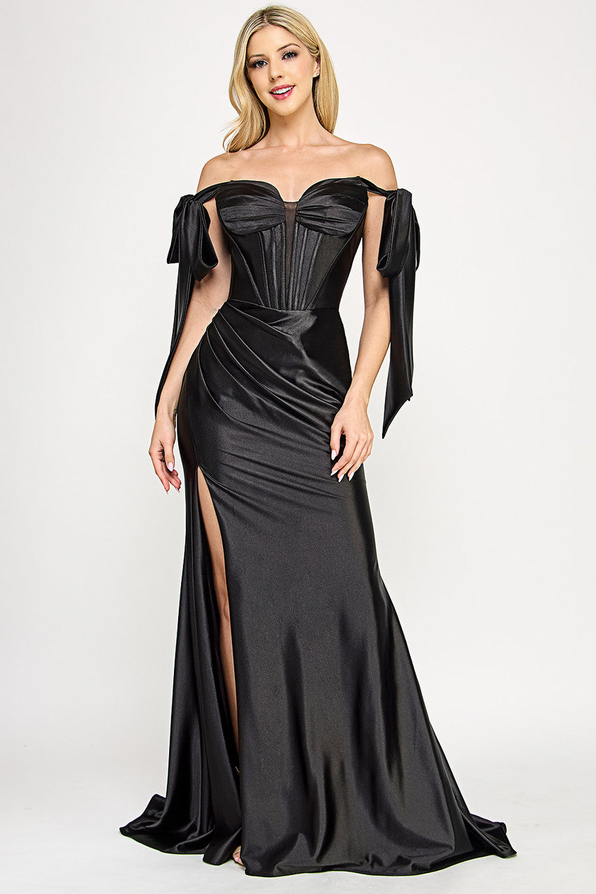Ribbon Off Shoulder Corset Slit Gown by Lenovia 8401