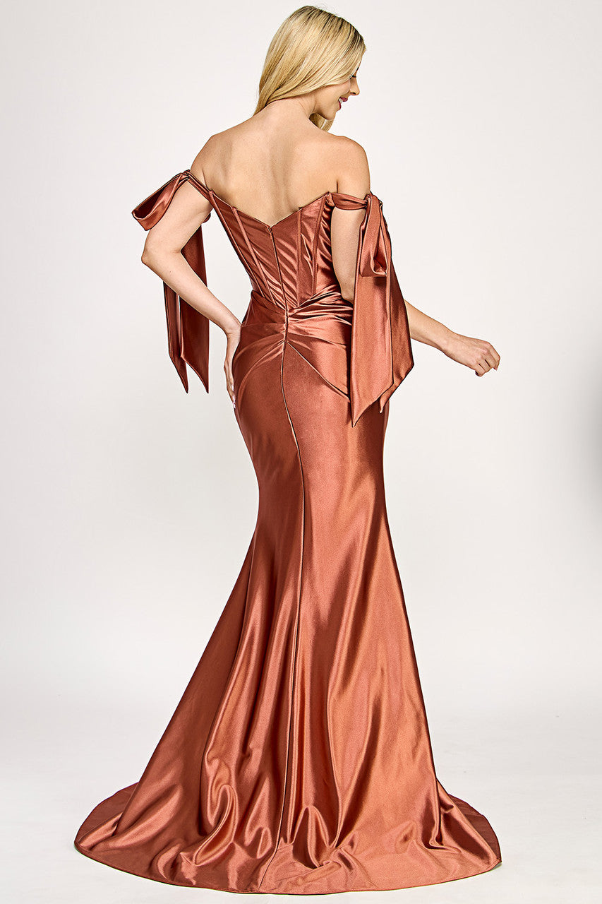 Ribbon Off Shoulder Corset Slit Gown by Lenovia 8401